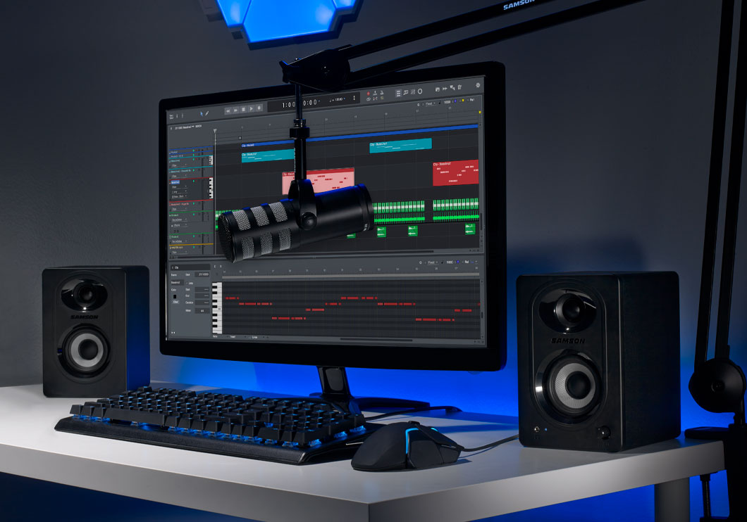 MediaOne M30BT on desk with computer and broadcast microphone